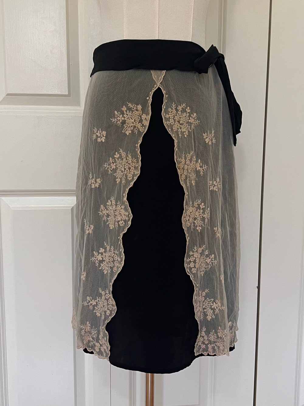 Anthropologie Odille Black Silk Skirt with Ivory Sheer Embroidered Overlay
